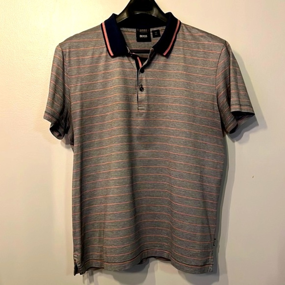 Hugo Boss Mercerized Cotton Polo Shirt; Blue w/ Red Microstripe (Men’s L)